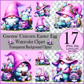Preview of Gnome Unicorn Easter Egg Watercolor clipart bundle, Collection Clipart