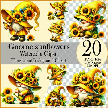 Preview of Gnome sunflowers Watercolor clipart bundle, Collection Clipart,ClipartWatercolor