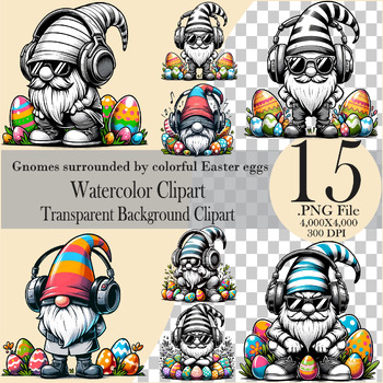 Preview of Gnomes surrounded by colorful Easter eggs Watercolor clipart bundle, Collection