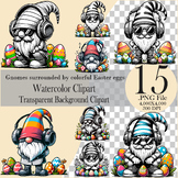 Gnomes surrounded by colorful Easter eggs Watercolor clipa