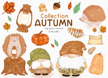 Preview of Gnomies Hello Autumn Clipart. Gnome, brown leaves ,Animals, Cartoon Cute