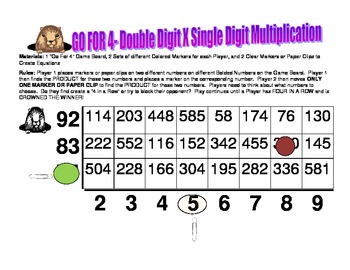 Preview of Go For 4- A Double Digit X Single Digit Multiplication Strategy Game