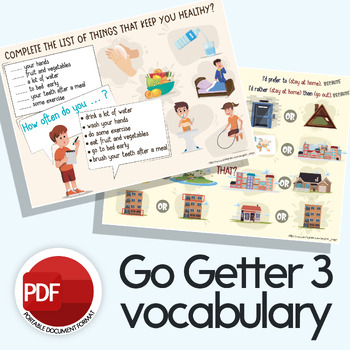 Preview of Go Getter 3/Vocabulary Practice/Find the Differences/Task Cards/Warm Up/Posters