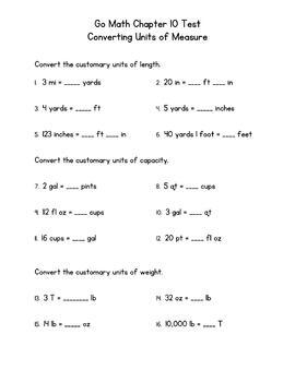 Go Math 5th Grade Chapter 10 Tests - Convert Units of Measure Distance