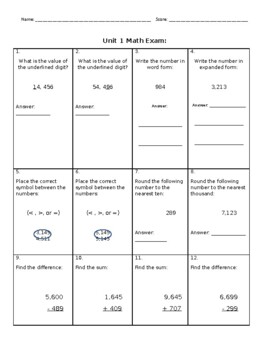 Go Math Chapter 1 Test: Place Value, Addition and Subtraction to One ...