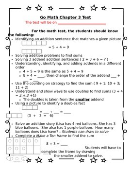 Preview of 1st Grade Go Math Chapter 3 Study Sheet for Parents