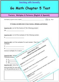 Preview of Go Math Chapter 5 Test: Factors, Multiples and Patterns (English & Spanish)