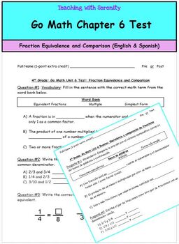 Preview of Go Math Chapter 6 test: Fraction Equivalence and Comparison (English & Spanish)