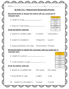 Preview of Go Math Practice - 4th Grade - 12.1 - Measurement Benchmarks Freebie