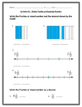 Preview of Go Math Practice - 4th Grade - 9.1 Relate Tenths and Decimals Freebie