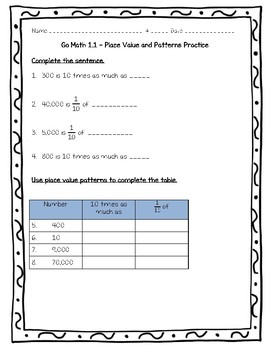 Go Math Practice - 5th Grade 1.1 - Place Value and Patterns Worksheet Freebie