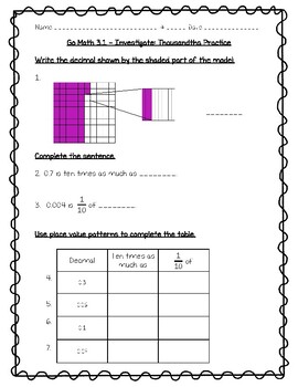 Preview of Go Math Practice - 5th Grade Chapter 3 - Add and Subtract Decimals