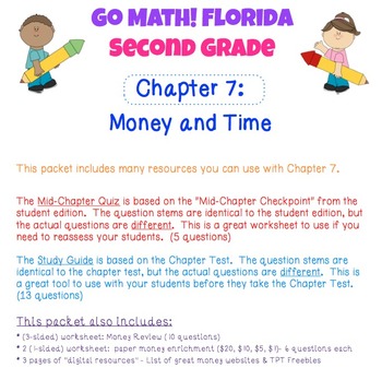 Preview of Go Math! Second Grade Study Pack for Chapter 7: Money & Time