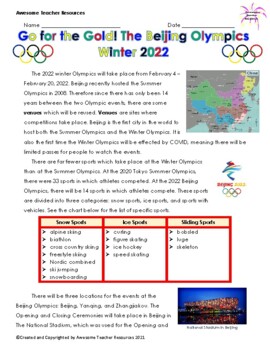 Preview of Go for the Gold! The Beijing Olympics 2022 Comprehension and Essay Response: GR6