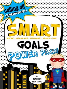 텍스트가 포함된 TPT 리소스 표지 "모든 슈퍼히어로 부르기: SMART Goals 파워 팩" 슈퍼 히어로 의상을 입은 금발 소년의 클립 아트 그림 위에