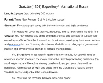 Preview of Godzilla Expository Essay Instructions