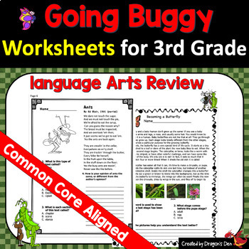 Preview of Going Buggy Language Arts Review Worksheets for 3rd Grade print and digital