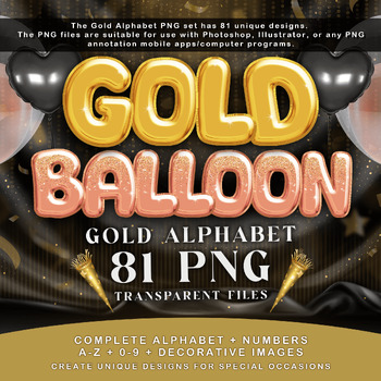 Preview of Gold Balloon Alphabet Font, 81 PNG Transparent Files