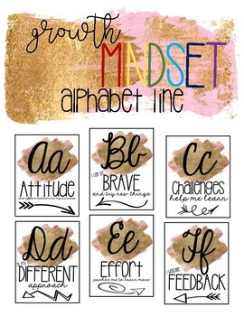 Preview of Gold Glam Growth Mindset Quotes - Cursive Alphabet Line Poster Set