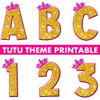 Preview of Gold and Pink Printable Tutu Unicorn Crown Letters and Numbers