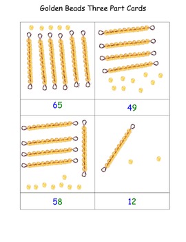 Three Part Card set Cards for Learning Center Montessori Golden Beads 