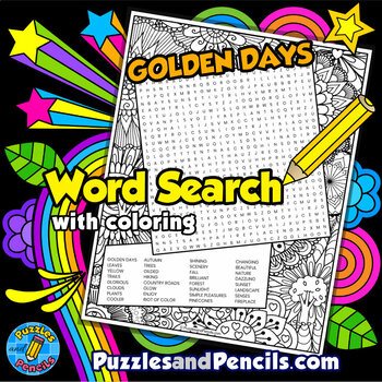 Preview of Golden Days Word Search Puzzle Activity Page with Coloring | Fall Puzzle