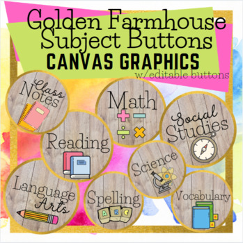 Preview of Golden Farmhouse Subject Buttons with EDITABLE Banners & Round Buttons