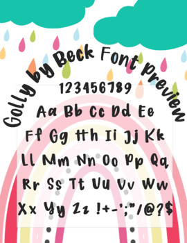 Preview of Golly Font by Beck used in colorful Boho Rainbow Classroom Set alpha-numeric