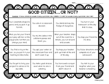 Good Citizen Or Not Color Sorting Worksheet Citizenship Tpt