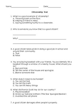 Preview of Good Citizenship Assessment - Editable