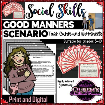 Preview of Social Skills - Good Manners Scenario Task Cards and Worksheets
