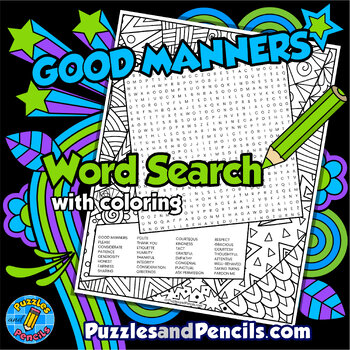 Preview of Good Manners Word Search Puzzle with Coloring Activity | Social Skills