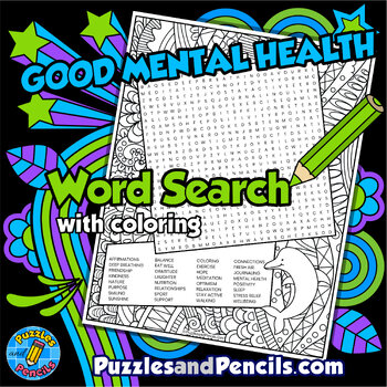 Preview of Good Mental Health Word Search Puzzle Activity Page with Mindfulness Coloring