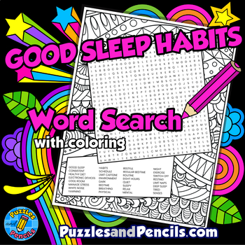 Preview of Good Sleep Habits Word Search Puzzle Activity Page with Coloring | Wellbeing