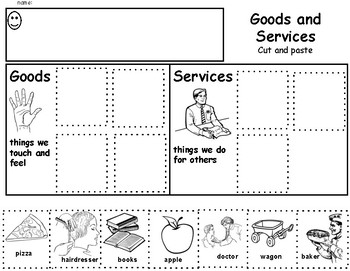 Preview of Goods and Services Cut and Paste Worksheet Activity Precious Preschoolers