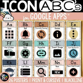 Preview of Boho Neutral Alphabet Cards with Google Icons | Print and Cursive | Blackline