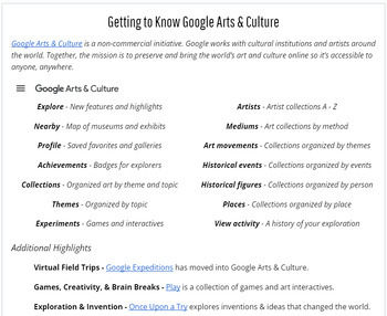 Preview of Google Arts & Culture Cheat Sheet