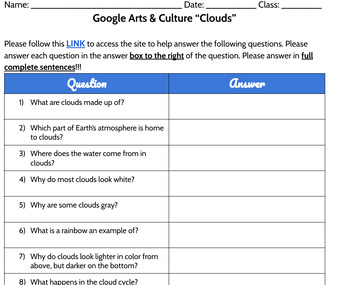 Preview of Google Arts & Culture “Clouds” Worksheet