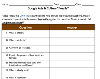 Preview of Google Arts & Culture “Fossils” Worksheet