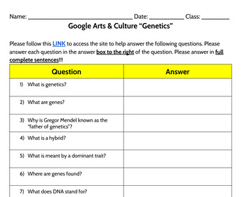 Preview of Google Arts & Culture “Genetics” Worksheet