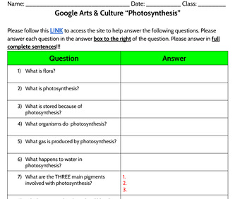 Preview of Google Arts & Culture “Photosynthesis” Worksheet