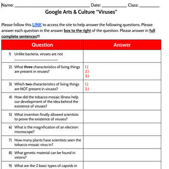 Preview of Google Arts & Culture “Viruses” Worksheet