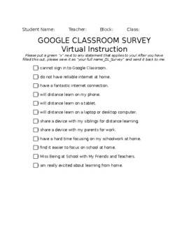 Preview of Fillable Google Classroom Questionnaire, Distance Learning, Getting to Know You