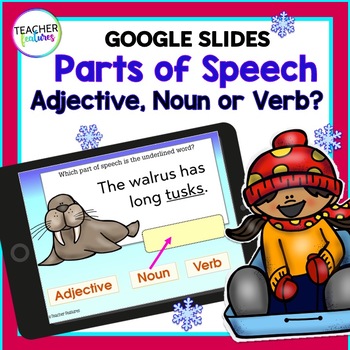 Preview of PARTS OF SPEECH REVIEW Nouns Adjectives Verbs GOOGLE SLIDES 2nd & 3rd Grade