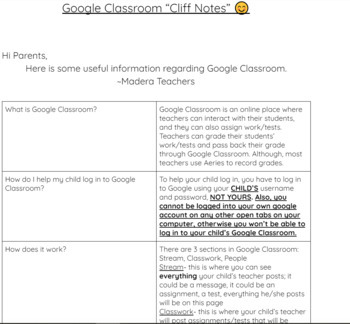 Preview of Google Classroom "Cliff Notes" For Parents & Students During Distance Learning 