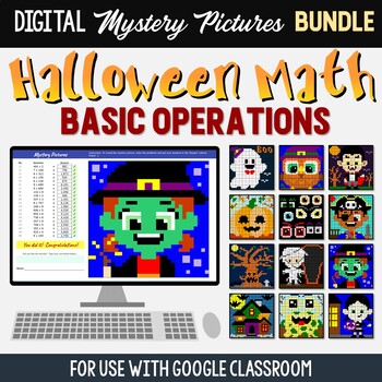 Preview of Halloween Google Classroom Mystery Pictures, Digital Halloween Math Puzzles