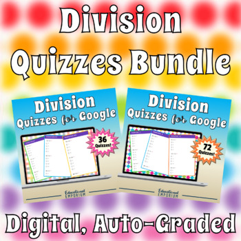 Preview of Google Classroom Division Facts Tests 0-12 MEGA Bundle: Combined ⭐108 Quizzes⭐