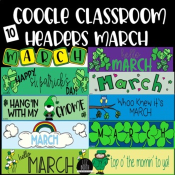Preview of Google Classroom Headers Banners March St.Patricks Day Gnomes Owls Shamrocks
