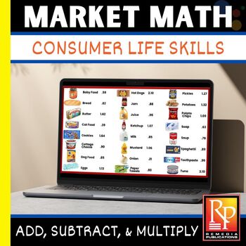 Preview of MARKET & GROCERY STORE MATH FOR BEGINNERS- 200 GOOGLE SLIDES! add/subtract