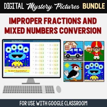 Preview of Google Classroom Mixed Numbers Improper Fraction Conversion Digital Pixel Art